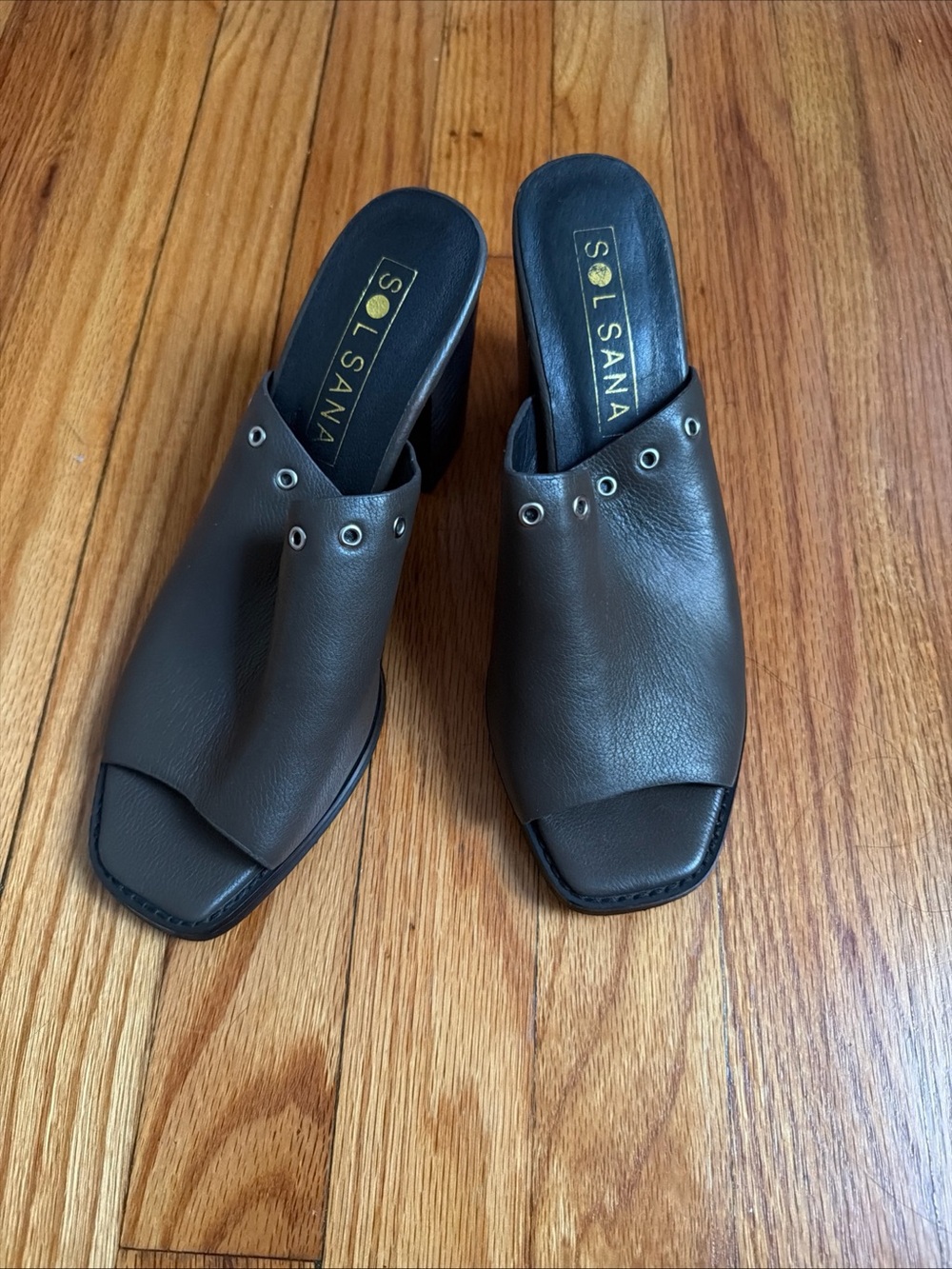 Sol Sana Olive Brown Leather Open-Toe Grommet Mule